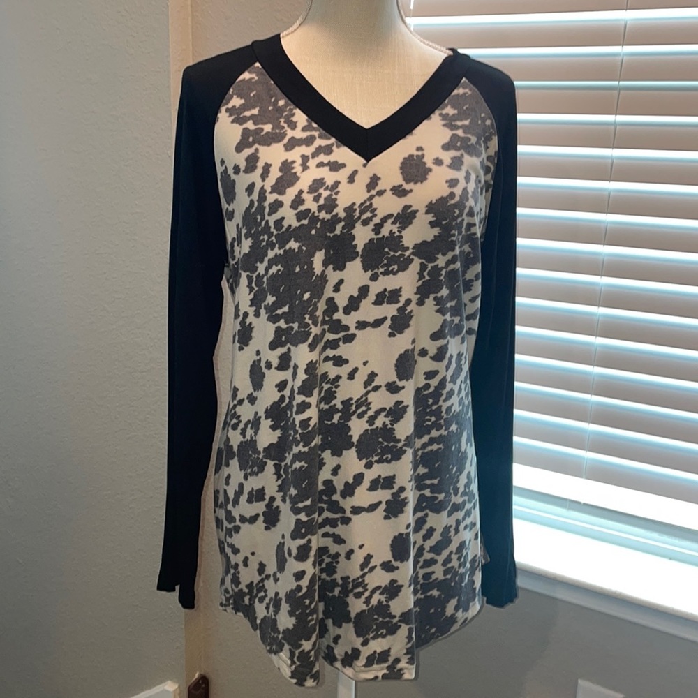 Crazy Train Long Sleeve Tee in Size Medium - Cow Print, White & Black